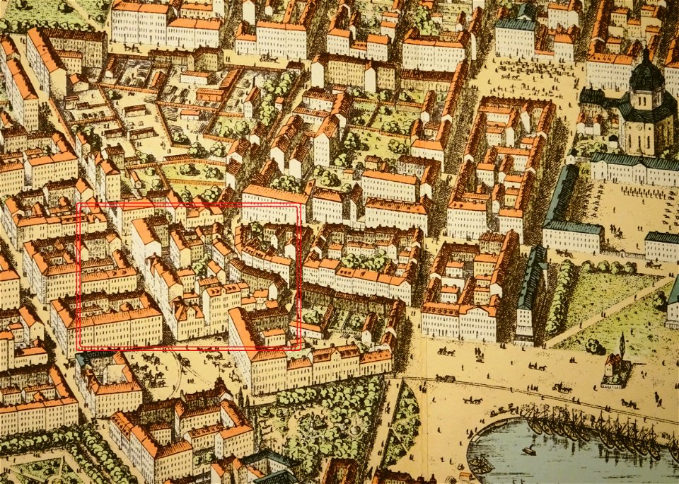 Nybroplan med omgivning på Neuhaus panorama 1870-tal