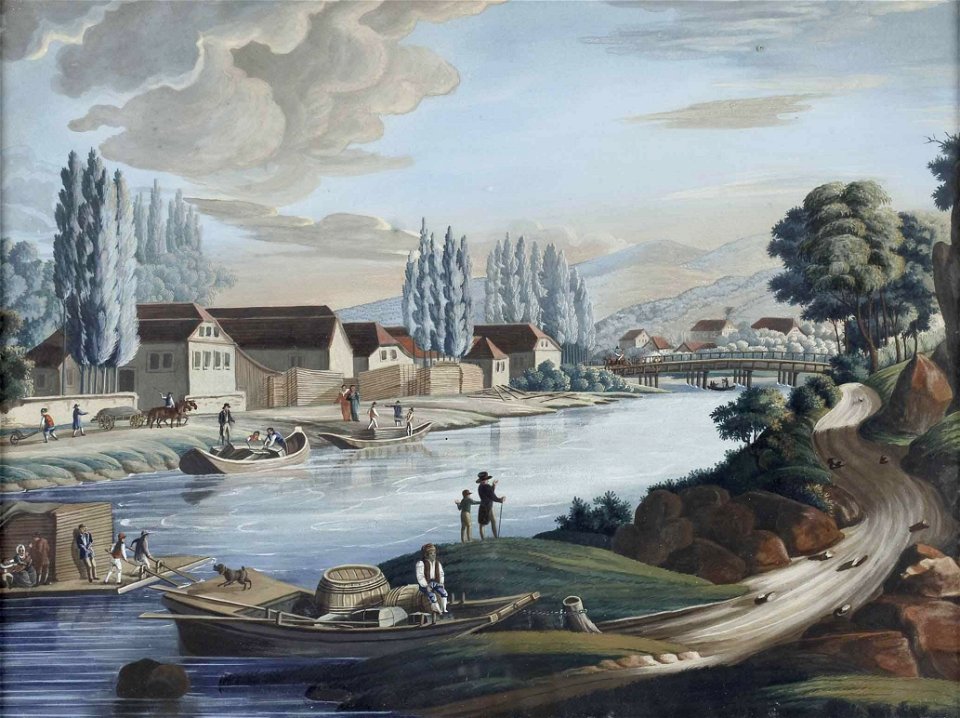Ort mit Brücke Booten und Fähre c1830