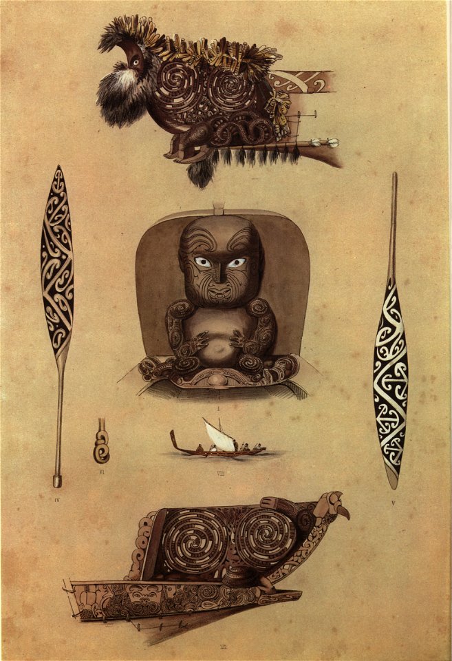 ORNAMENTAL CANOE HEADS, PADDLES, &c., The New Zealanders Illustrated, 1847