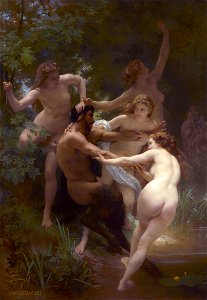 Nymphs and Satyr, by William-Adolphe Bouguereau. Free illustration for personal and commercial use.