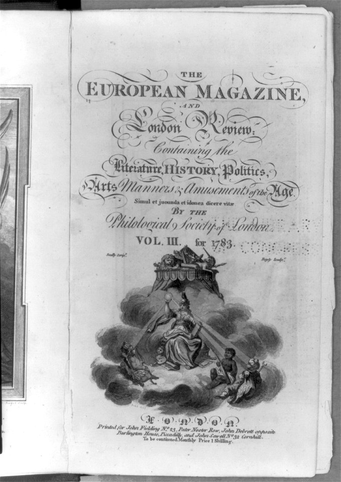 Ornament for the title page of The European magazine showing the goddess Europe shining light on three figures representing America, Africa, and Asia) - Seally script. ; Bayly sculp LCCN2004673508