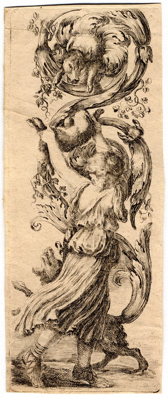 Ornamenti o grottesche - Une jeune fille, vue de dos, tient élevé au-dessus de sa tête un lièvre FIE DEL 1011