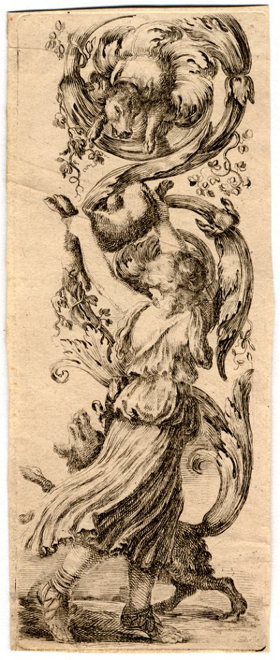 Ornamenti o grottesche - Une jeune fille, vue de dos, tient élevé au-dessus de sa tête un lièvre FIE DEL 1011
