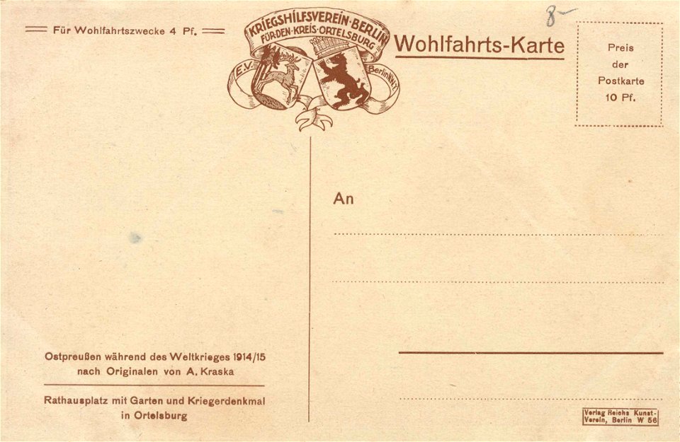 Ortelsburg, Ostpreußen - Rathausplatz mit Garten und Kriegsdenkmal (back) (Zeno Ansichtskarten)