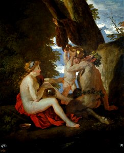 Nymphe et satyre buvant - Poussin - Museo del Prado