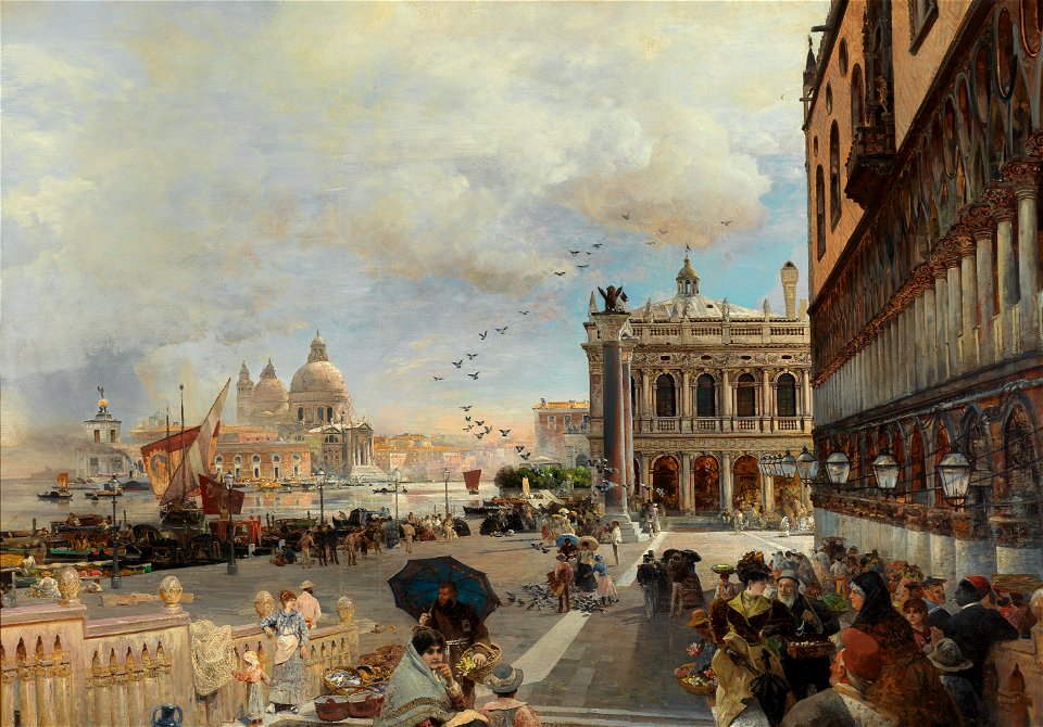 Oswald Achenbach - Venice, a view of the Piazzetta, with the Biblioteca Marciana, Santa Maria della Salute and the Dogana