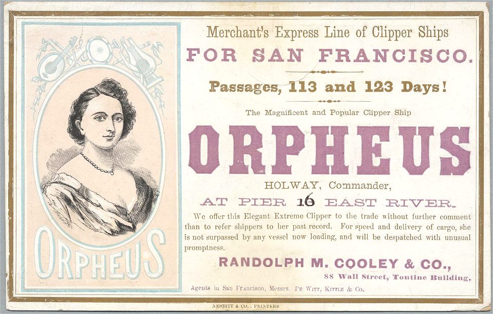 ORPHEUS Clipper ship sailing card HN002788aA. Free illustration for personal and commercial use.