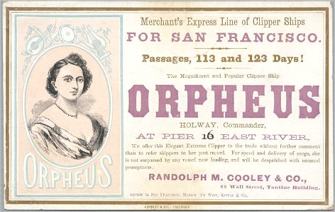 ORPHEUS Clipper ship sailing card HN002788aA. Free illustration for personal and commercial use.