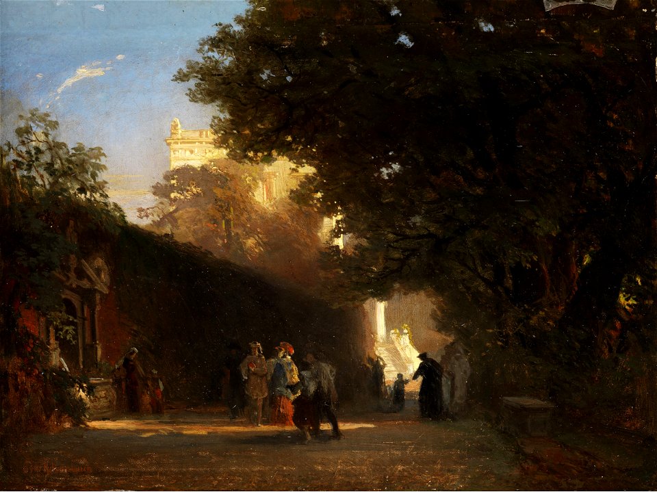 Oswald Achenbach - Italienische villa und Park mit vornehmer gesellschaft und Priestern