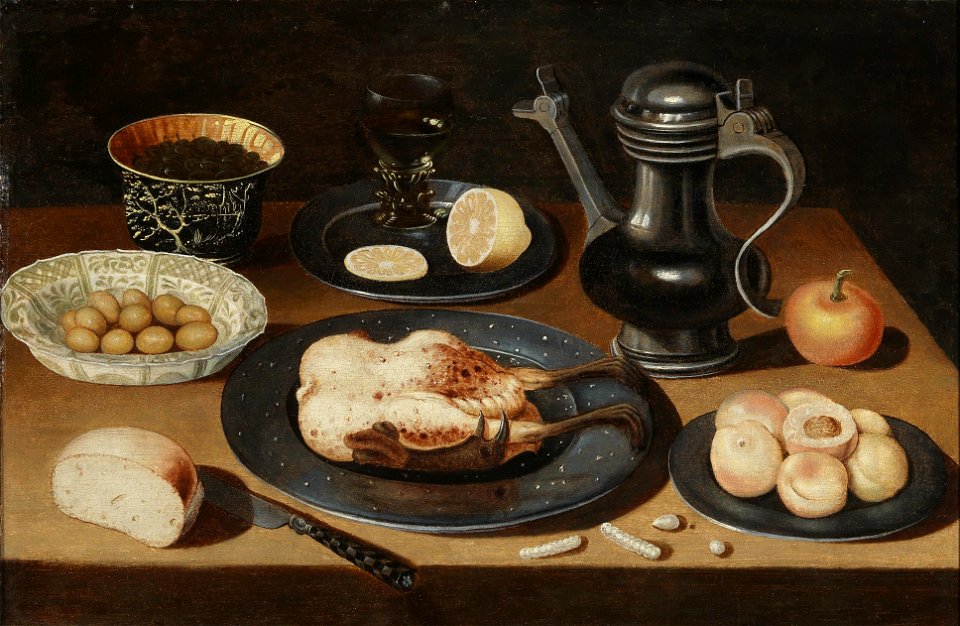 Osias Beert I (circle) Still life with roasted chicken