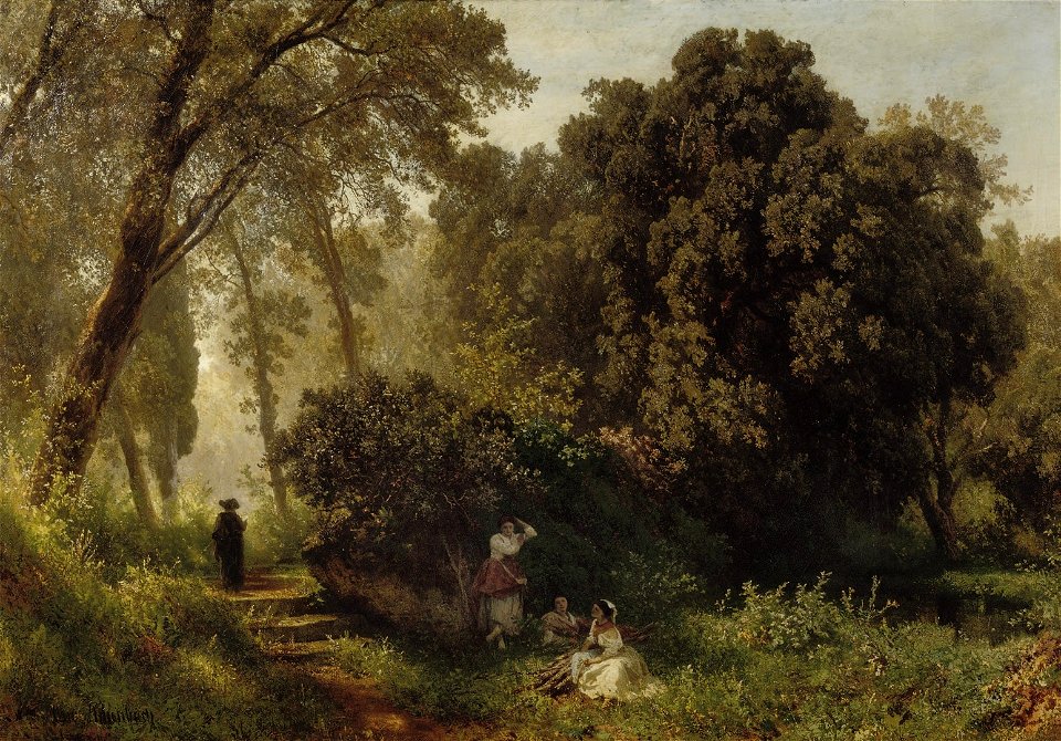 Oswald Achenbach - Junge Frauen rasten an einem sonnigen Weg