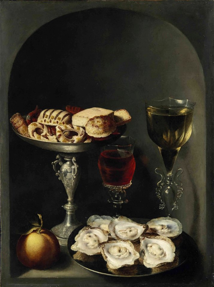 Osias Beert (I) - Oysters on a pewter plate, sweetmeats and biscuits in a silver tazza, two façon-de-venise wine glasses and an orange in a niche