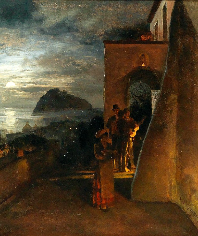 Oswald Achenbach - Evening Serenade on Ischia, Castello Aragonese in the Background