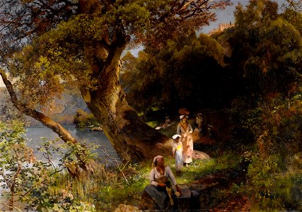 Oswald Achenbach - Mediterrane Waldlandschaft mit Figuren