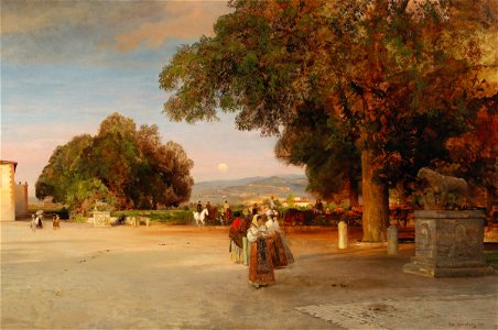 Oswald Achenbach - Scene at dusk on the terrace of Villa Grazioli in Grottaferrata