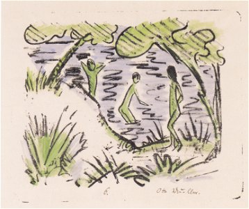 Otto Mueller - Zwei Knaben im Wasser und ein Mädchen am Ufer - 1918