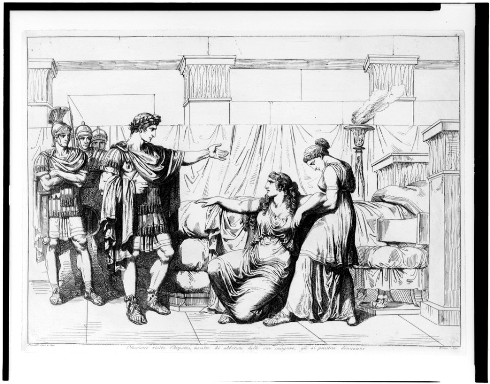 Ottaviano visita Cleopatra, mentre lei abbatuta dalle sue sciagrue, gli si prostra dinnanzi - Pinelli inv. e inc. Roma 1821. LCCN96502413