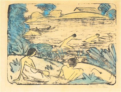 Otto Mueller - Badeszene mit vier Figuren, Haus und Boot (nach rechts) - ca1914