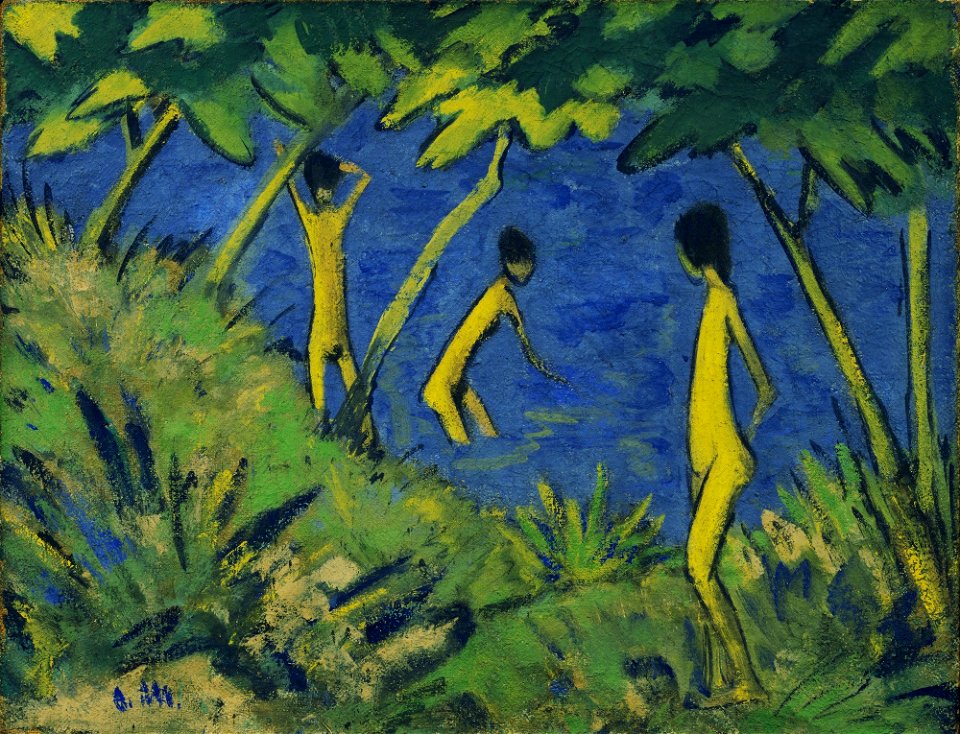 Otto Mueller, c.1919, Landscape with Yellow Nudes, oil on burlap, 70.2 x 90.8 cm, MoMA