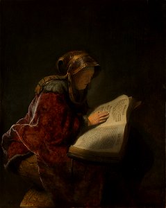 Oude lezende vrouw, waarschijnlijk de profetes Hanna Rijksmuseum SK-A-3066