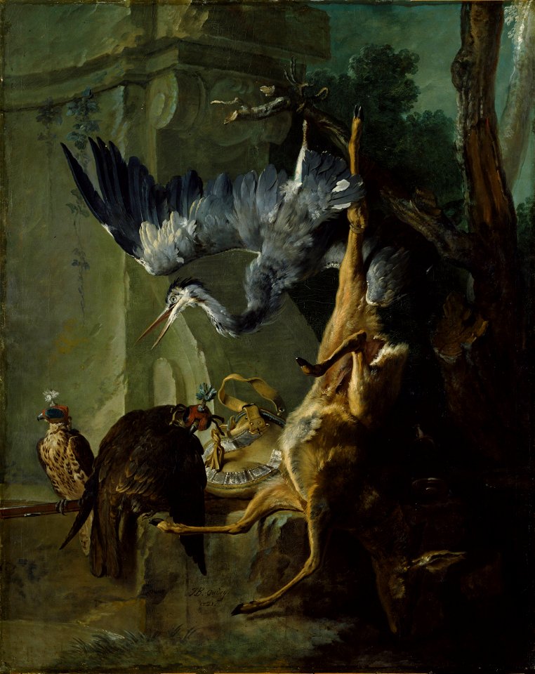 Jean-Baptiste Oudry - Jagdbeute mit totem Reh, zwei Falken und einem Reiher (1721)
