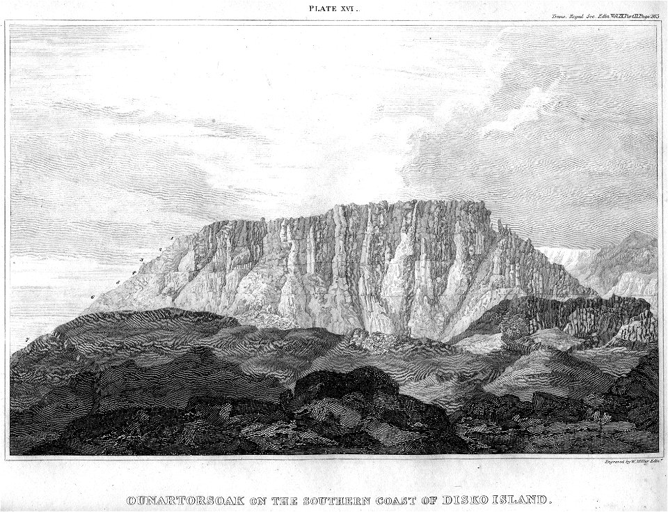 Ounartorsoak on the Southern Coast of Disko Island engraving by William Miller