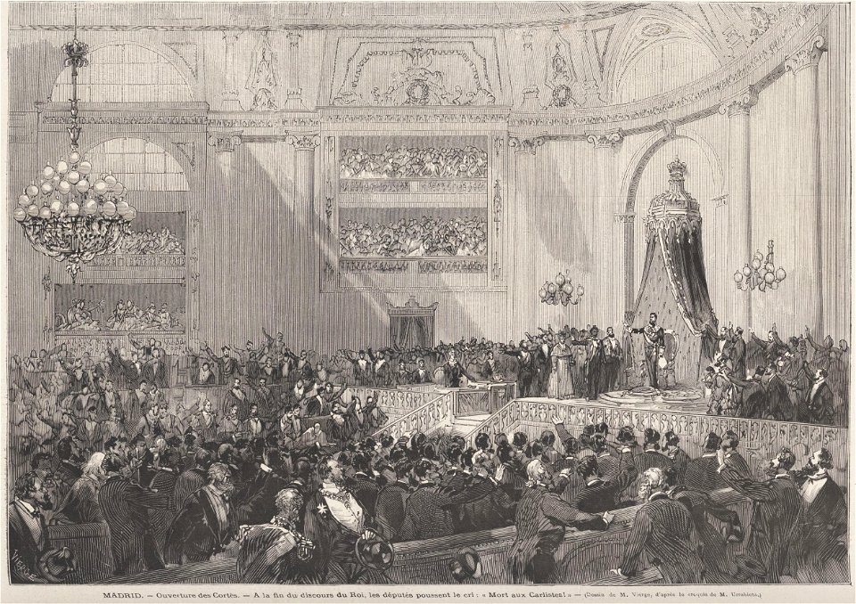 Ouverture des Cortès, Madrid, a la fin du discours du Roi, les députés poussent le cri «Mort aux carlistes», de Vierge