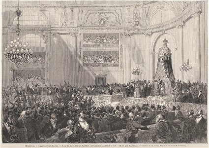 Ouverture des Cortès, Madrid, a la fin du discours du Roi, les députés poussent le cri «Mort aux carlistes», de Vierge
