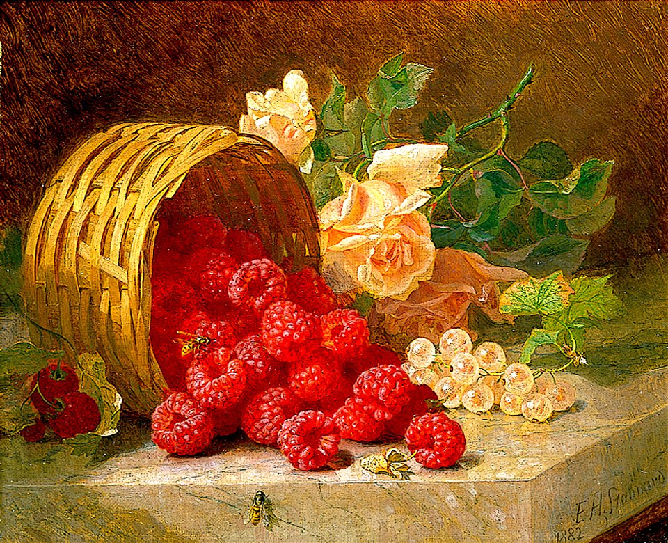 Overturned basket with raspberries, white currants and roses - E H Stannard