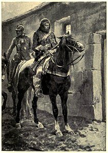 Outside the door, in the road, sitting on horse-back in silence, were two men (Under the red robe)