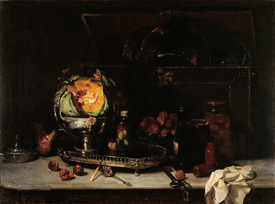 P. Rousseau - Stilleven met zilveren schaal, kist en potten met geconserveerd fruit - NK2528 - Cultural Heritage Agency of the Netherlands Art Collection