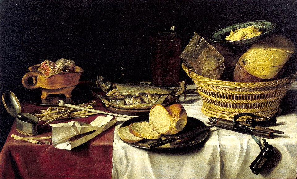 P. Claesz - Stilleven met haringen, brood, kazen en rookwaar - NK2451 - Delft Municipal Museums