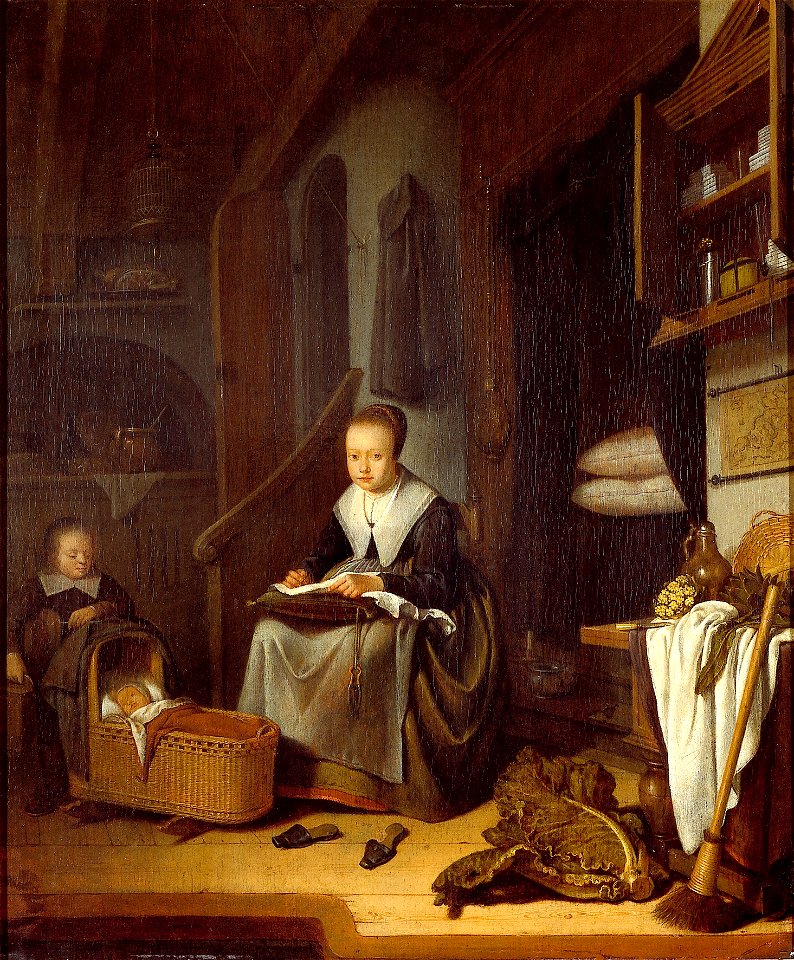 P.C. van Slingeland - Interieur met bordurende vrouw, een kind en een baby in de wieg - B 1437 - Museum De Lakenhal