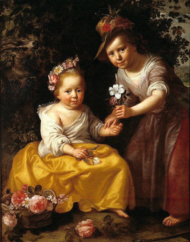 P.J. Moreelse - Portret van twee kinderen, een zittend, een staand rechts, in pastorale kleding, met bloemen - 10240 - Cultural Heritage Agency of the Netherlands Art Collection
