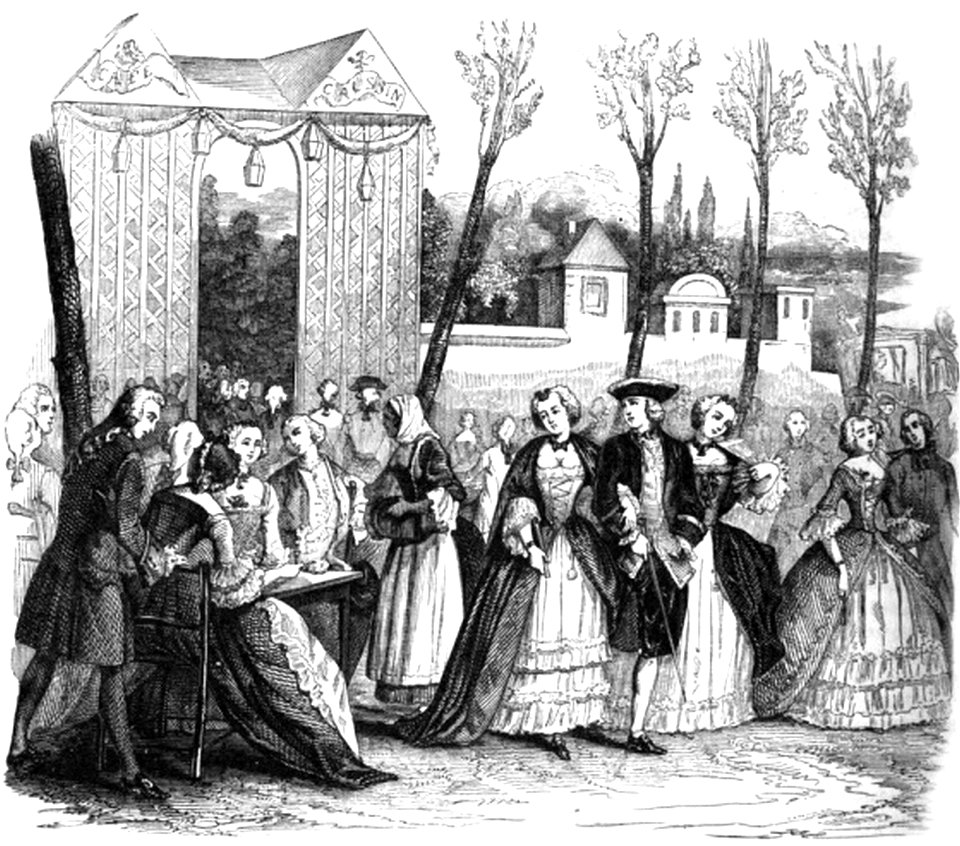 P438 FASHIONABLE PROMENADE IN PARIS IN THE TIME OF LOUIS XVI. FROM AN ENGRAVING OF THAT PERIOD
