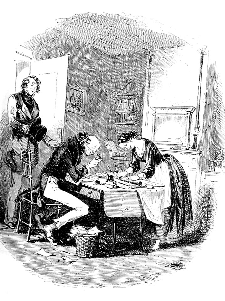 P452--Martin Chuzzlewit (Phiz)--pinch and ruth unconscious of visitor