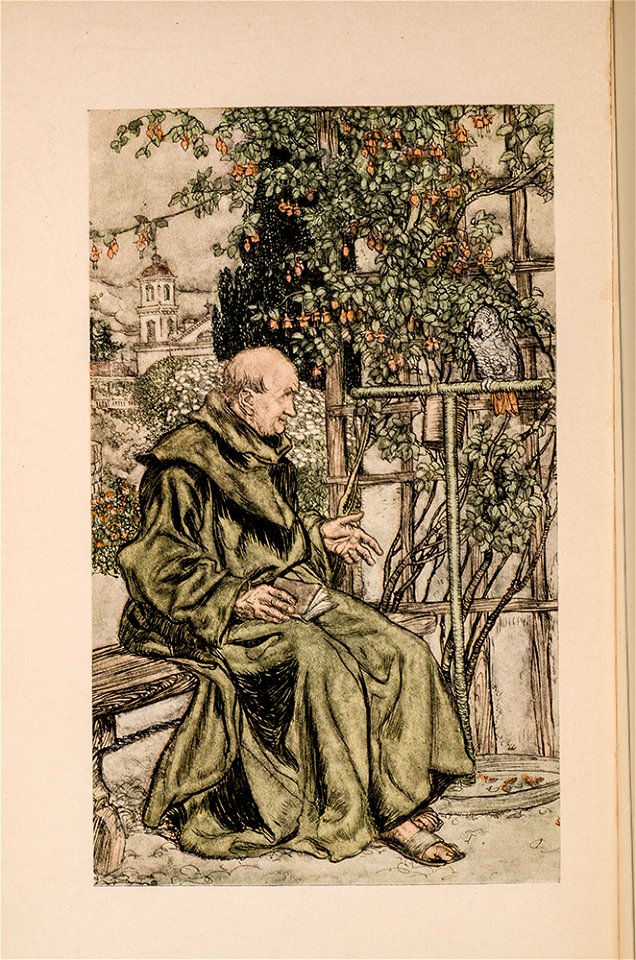 Padre Alonzo on a bench with Loretta the parrot (Arthur Rackham illustration)