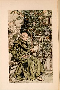 Padre Alonzo on a bench with Loretta the parrot (Arthur Rackham illustration). Free illustration for personal and commercial use.