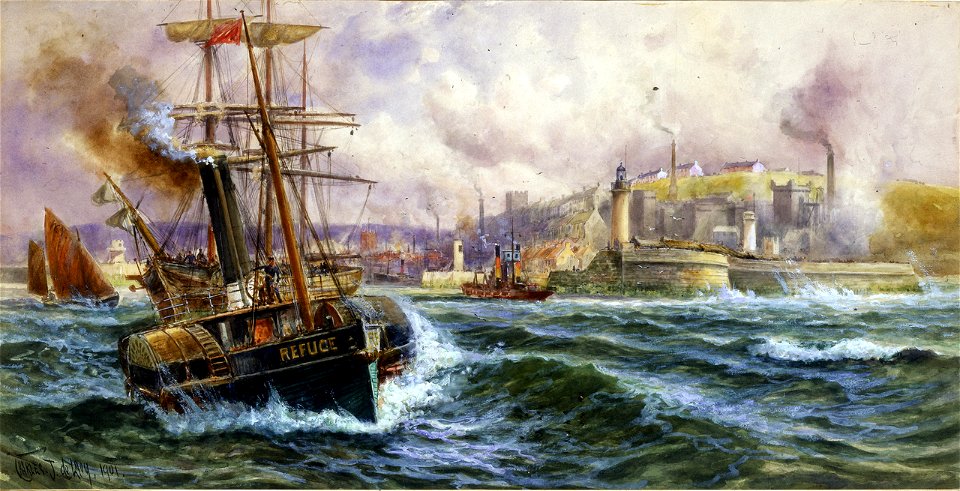 Paddle tug Refuge towing out of Whitehaven Harbour, 1901 RMG PY9121