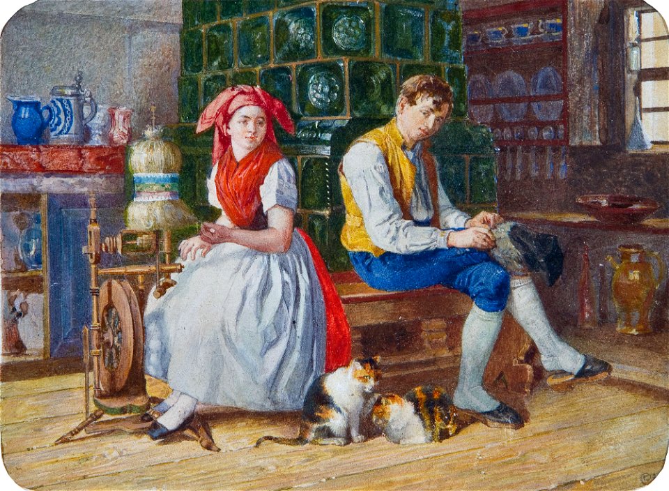 Paar in Tracht auf der Ofenbank