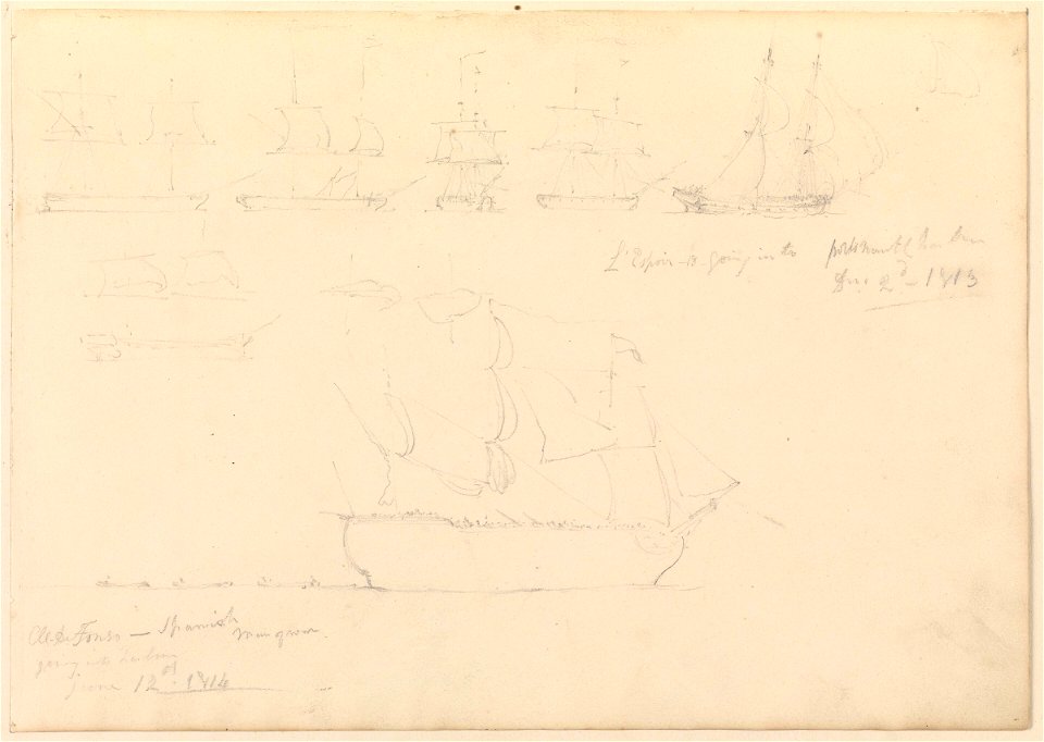 Page of slight sketches of fighting vessels, including 'L'Espoir' and 'Al-de-Fonso', 1813 and 1814 RMG PY3793