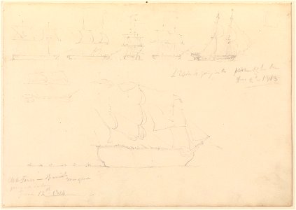 Page of slight sketches of fighting vessels, including 'L'Espoir' and 'Al-de-Fonso', 1813 and 1814 RMG PY3793