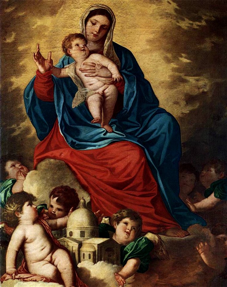 Padovanino Virgen con niño y diseño de una basílica 1630 Santa Maria della Salute Venecia