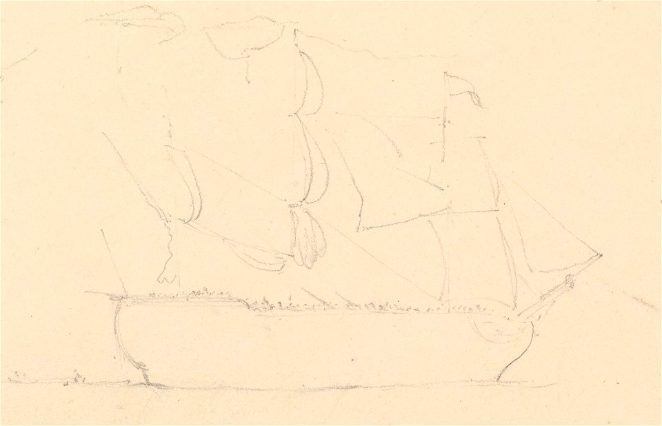 Page of slight sketches San Ildefonso (ship 1785) going into Portsmouth harbour 12 June 1814 RMG PY3793 (cropped)