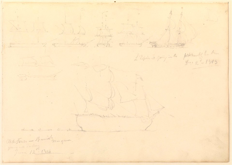 Page of slight sketches of fighting vessels, including 'L'Espoir' and 'Al-de-Fonso', 1813 and 1814 RMG PY3793