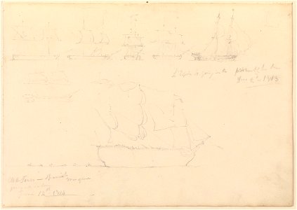 Page of slight sketches of fighting vessels, including 'L'Espoir' and 'Al-de-Fonso', 1813 and 1814 RMG PY3793. Free illustration for personal and commercial use.