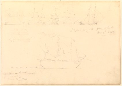 Page of slight sketches of fighting vessels, including 'L'Espoir' and 'Al-de-Fonso', 1813 and 1814 RMG PY3793