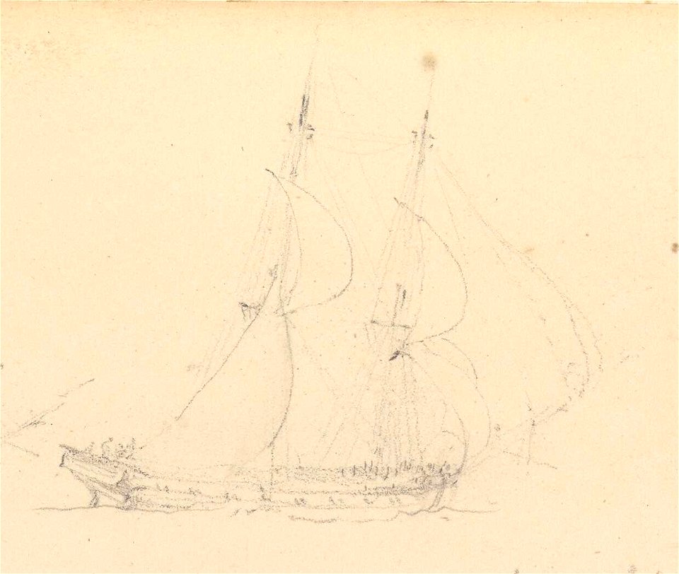 Page of slight sketches of fighting vessels, 'L'Espoir', 1813 RMG PY3793 (cropped)