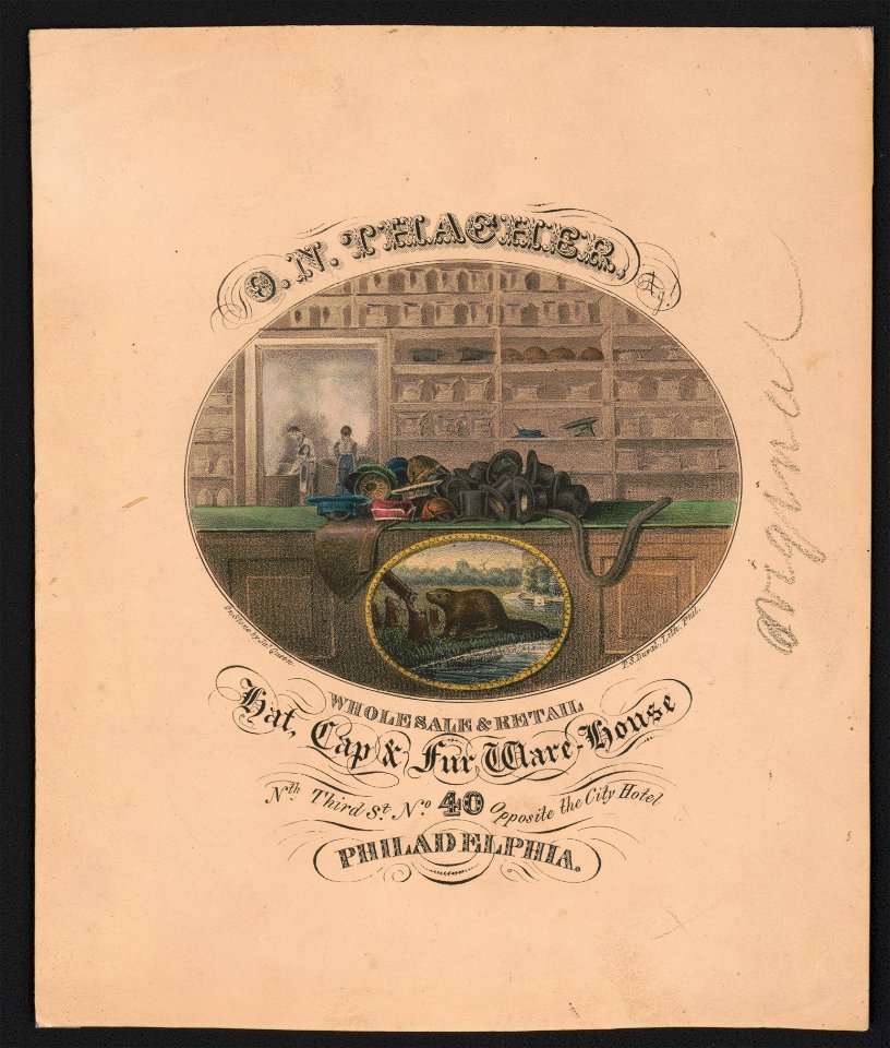 O.N. Thacher, Hat, Cap & Fur Ware-House Wholesale & retail - - on stone by Jas. Queen. ; P.S. Duval, Lith. Phil. LCCN98519825