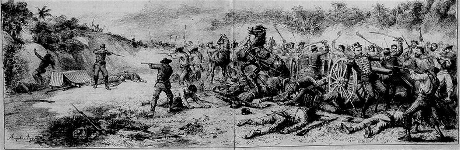 O combate em Canudos entre as tropas legaes e os fanaticos de Antonio Conselheiro. Morte gloriosa do bravo capitão Salomão defendendo uma peça de artilharia